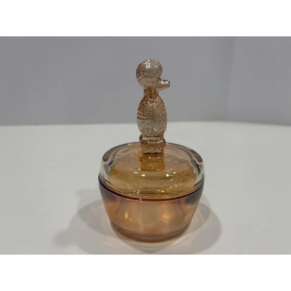 Vintage Marigold Carnival Glass Poodle Powder Jar Trinket Dish Amber Iridescent